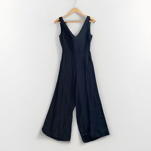 Reset by Jane‎ Cropped Jumpsuit Small Linen Blend Black V-neck Tie Back Pockets